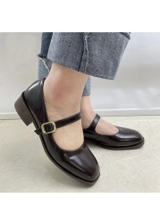 Lucifer Buckle Strap Low Heel Mary Jane Shoes Women 2022 Square Toe Patent Leather Shoes Woman Vintage Dark Brown Pumps Ladies