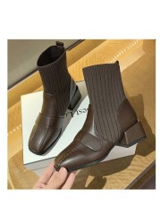 Chunky heels women's shoes 2021 autumn short boot women's med heel socks ultralight shoes British fashion short comfortable boot