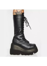 Women platform heels motorcycle shoes woman plus size long tube martin boots waterproof wedge patent leather thigh high boots