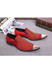 Spring summer fashion loafers rhinestones casual shoes men pointed toe slip on real leather shoes nightclub bar party shoes