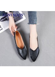 Spring Women Flats Black Pointed Toe Ballet Flats Shallow Boat Shoes Woman Flock Casual Shoes Female Loafers Apricot Pink