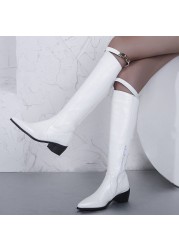 Lucifer 2021 Buckle Pointed Toe Knee High Boots Women Autumn Winter Thick Heels Long Boots Woman Waterproof PU Leather Botas
