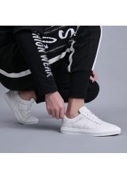 Genuine Leather Men's Sneakers Casual Canvas Shoes Breathable Ventilation Footwear Fashion Male Sneaker Black and White