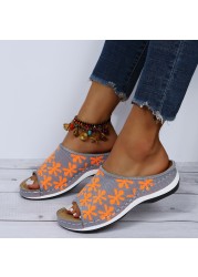 Rimocy Elastic Mesh Knitted Slippers Women 2022 Summer Fashion Embroidery Wedges Sandals Woman Non-slip Platform Casual Slides