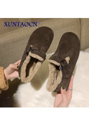 2022 New Solid Color Short Boots Buckle Strap Women Shoes Furry Plush Slip-on Flat Footwear Winter Warm Booties Female Snow Boot