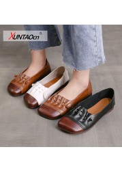 Women's retro flats 2021 autumn new square toe soft leather ladies slip-on loafers 35-43 large size female office casual shoes