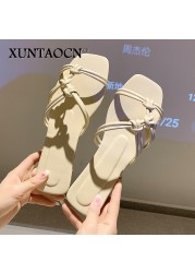 2022 Slippers women summer Korean version new square-toe flat-heel candy color fashion outer wear sandals slippers