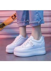 Women Breathable Sneakers Increase Platform Shoes 8cm Casual Shoes Leisure Leather White Shoes Women Vulcanize Shoes 2022