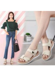 2022 Summer Fashion Women Ladies Mother Genuine Leather Shoes Sandals Flats Soft Hook Loop Korean Bling Summer Beach Size 35-40