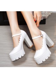 Lucifer 2021 Autumn Women Ankle Strap Thicken High Heels Shoes Woman Black White Wedge Mary Jane Shoes Women 43