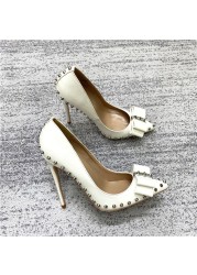 Spring pointed bow stiletto stiletto 12cm work shoes temperament soft leather rivet party dress all-match big size women's shoes