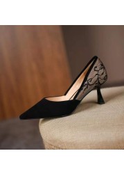 Pointed toe stiletto high heels women 2022 summer new lace stitching fashion single shoes French retro shallow women's shoes