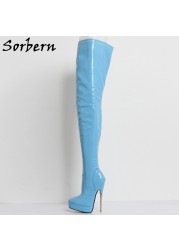 Sorbern Unisex Crotch Thigh High Boots 18cm Metal High Heel Long Boot Shoes Ladies Platform Spike Hard Walking Boot Pointy Toes