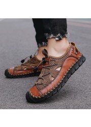 New Summer Genuine Leather Men Sandals Fashion Roman Sandals Handmade Mesh Men Casual Shoes Platform Outdoor Beach Sandals Men