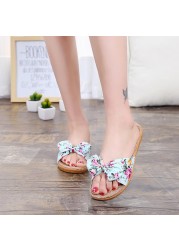 Women Summer Beach Slippers Female Breathable Floral Bow Linen Slippers Sandals Woman Non-slip Flats Female Flip Flop Fashion