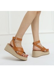 2022 summer new fish mouth European and American style wedge heel cake thick bottom brown fashion sandals women's shoes