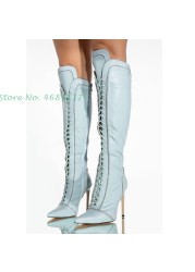 Light Blue Knee High Boots Lace-up Chic Pointed Toe Leather Splicing Long Boots Sweet Thin Heels Fashion Women Shoes Spring 2022