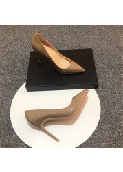 Khaki PU Leather Women Super 12cm High Heels Sexy Ladies Pointed Toe Stiletto 10cm Pumps Party Shoes Plus Size qkf008 ROVICIYA