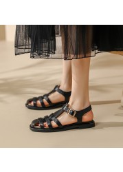 2022 New Women Real Leather Shoes Summer Sandals Buckle Strap Low Heel Hollow Out Beach Sandals Cool Women's Shoes Size 34-39