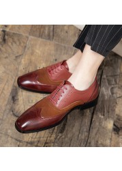 High-end fashion men's shoes solid color PU stitching plaid cloth classic hollow comfortable business brogue shoes