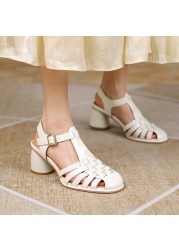 MEMUNIA 2022 new patent leather sandals woman round high heel shoes solid summer comfortable ladies rome shoes