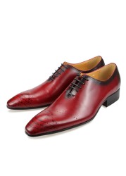 Oxford Luxury Vintage Formal Cow Leather Dress Shoes Fashion Men Lace Up Elegant Business Wedding Office Red Black Pointed Toe