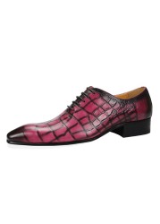 Oxfords shoes for men elegant party office retro casual suit crocodile print lace up high quality genuine leather pink and yellow