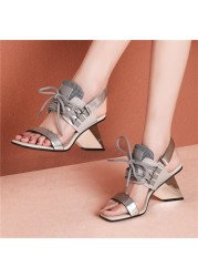 CONASCO Fashion Sexy Women Sandals Pumps Genuine Leather Exotic Heels Mixed Colors Cross-tied Woman Shoes Summer Casual Party