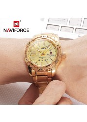 NAVIFORCE الفاخرة العلامة التجارية رجالي الرياضة ساعة الذهب الصلب الكامل ساعات كوارتز الرجال تاريخ مقاوم للماء العسكرية ساعة رجل relogio masculino