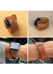 Double Round Strap for Apple Watch Band 45mm 41mm 44mm/40mm 42mm/38mm Leather Watchband Bracelet iWatch Series 5 4 3 se 6 7 band