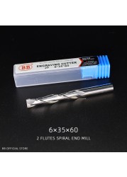 BB Engraving Cutter 2 Flutes Spiral Carbide Steel End Mill for Hard Plastic Acrylic PVC 6mm Router Bit