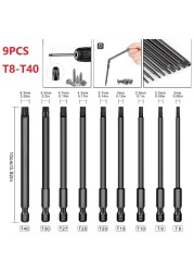 9pcs Screwdriver Bit100mm T8-T40 Screwdriver Bit 1/4'' Hex Shank Wrench Drill Bit for Electric Drill Electric Hand Screwdriver