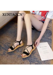 Rimocy Summer Cross Strap Crystal Sandals Women 2022 Comfortable Low Heels Open Toe Sandalias Woman Soft Bottom Casual Shoes Lady