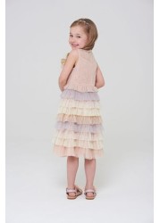 Amelia Rose Pink Sequin Bodice Dress With Multicolour Skirt