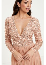 Maya Embellished Wrap Long Sleeve Midi Dress Regular