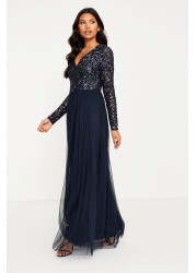 Maya V Neck Long Sleeve Sequin Maxi Dress Petite