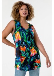 Roman Curve V-Neck Tropical Print Top