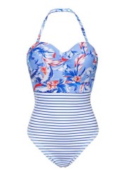 Figleaves Blue Tahiti Underwired Twist Bandeau Tummy Control Swimsuit