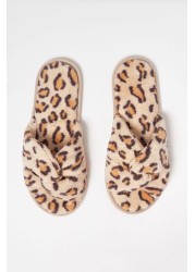 Oliver Bonas Brown Animal Print Faux Fur Knotted Slippers