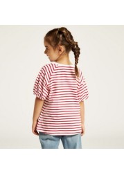 Lee Cooper Striped Round Neck T-shirt with Short Sleeves and Embellished Detail