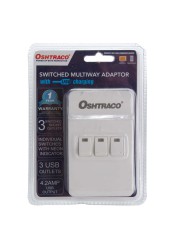 Oshtraco 3-Way Switched Adaptor Plug W/ 3 USB Ports
