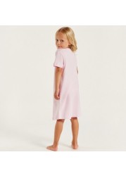 Peanuts Print Night Dress with Crew Neck and Short Sleeves