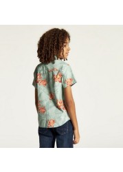 Juniors Tropical Print Shirt with Short Sleeves and Button Closure