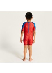 Superman Print Swimsuit with Round Neck and Short Sleeves