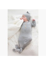 Anvi Baby Solid Knotted Sleepsuit and Beanie Set