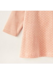 Juniors Polka Dot Print Dress with Long Sleeves and Bow Applique Detail