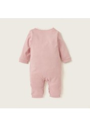 Juniors Solid Sleepsuit with Long Sleeves and Flower Embroidered Detail