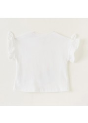 Juniors Printed Round Neck T-shirt with Ruffles and Bow Accent