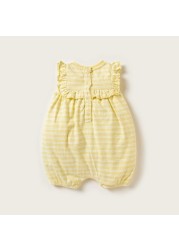 Juniors Striped Sleeveless Romper with Ruffle Detail and Button Closure