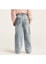 Juniors Solid Denim Pants with Pockets and Button Closure